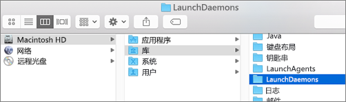 通过浏览找到“库”文件夹，然后找到“LaunchDaemons”文件夹