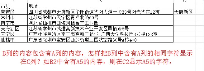 office教程 Excel如何把B列中含有A列的相同字符显示在C列？