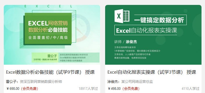 艾课网Excel数据分析必备技能雷公子+ Excel自动化报表实操课涂俊杰（完结）价值1196元